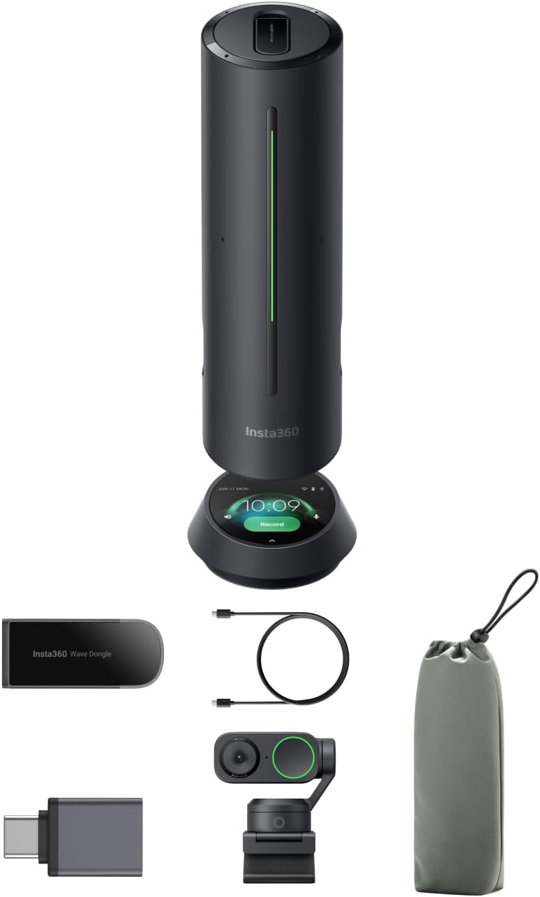 Insta360 WaveLink Bundle – Viva-voz com IA, Bluetooth, Gravador de Voz, 8 Microfones com Cancelamento de Ruído e Beamforming, Transcrição e Resumo por IA, Suporte a 99 Idiomas, Armazenamento de 32GB, Ideal para Reuniões e Podcasts