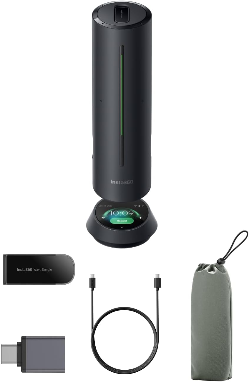 Insta360 Wave - Viva-voz com IA, Bluetooth, Gravador de Voz, 8 Microfones com Cancelamento de Ruído e Beamforming, Transcrição e Resumo por IA, Suporte a 99 Idiomas, Armazenamento de 32GB, Ideal para Reuniões, Podcasts e Transmissões ao Vivo