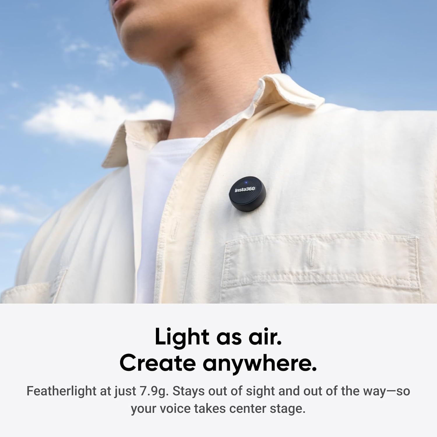 Microfone Sem Fio Insta360 Mic Air (1 Transmissor + 1 Receptor) – Cancelamento de Ruído, Alcance de 300 m, Compatível com iPhone/Android/PC/Mac via USB-C, Ideal para Vlogs e Transmissões Ao Vivo