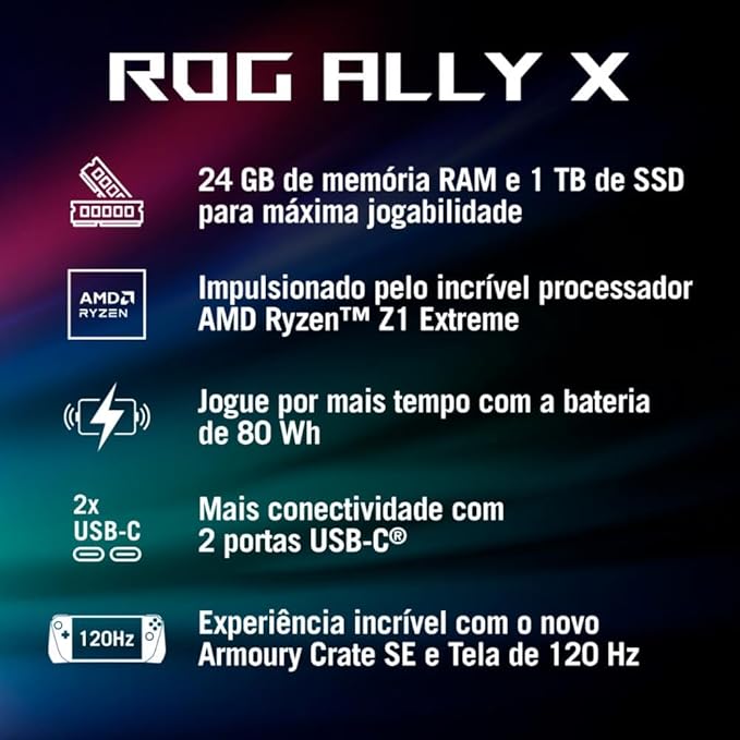 ASUS - ROG Ally X 17.8 cm 120Hz FHD 1080p portátil para jogos - Processador AMD Ryzen Z1 Extreme - 24 GB com SSD de 1 TB - Preto