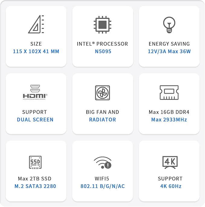 Beelink Mini PC, mini computador Mini S 11ª geração Quad-Core N5095 (até 2,9 GHz), computadores desktop 8GB DDR4 RAM 128GB/256GB SSD 4K UHD Dual HDMI/Dual WiFi/Gigabit Ethernet/HTPC/Family-NAS/BT4.0/W-11