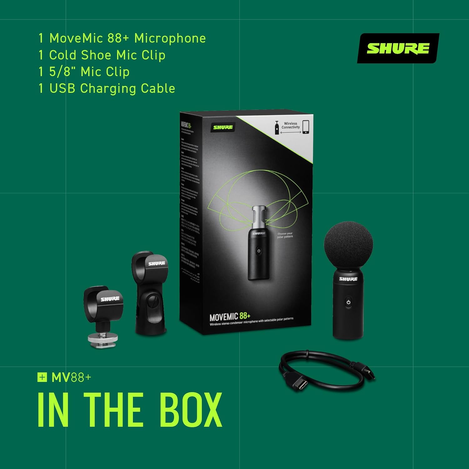 Microfone sem fio Shure MoveMic 88+ - Gravador de áudio profissional para entrevistas em filme/campo, microfone estéreo com 4 padrões polares | Compatível com iOS/Android (MV88+W-Z7)