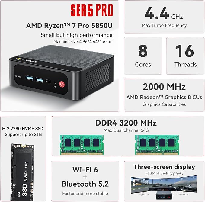 Beelink Mini PC SER5 PRO, AMD Ryzen 7 5850U (até 4,4 GHz, 8C/16T), mini computador com SSD NVMe DDR4/500GB de 32GB, suporta tela tripla (HDMI+DP+Tipo-C), WiFi6, BT5.2, Tipo-C, Gigabit LAN