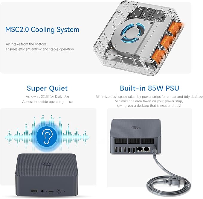 Beelink Mini PC EQI12, Intel Core i7-12650H (10C/16T, até 4,7GHz), Mini computador com 24GB LPDDR5 RAM 1TB M.2 2280 PCle 4.0x4 SSD, PSU/4K Dual Screen Display/WiFi6/BT5.2/Dual Gigabit LAN