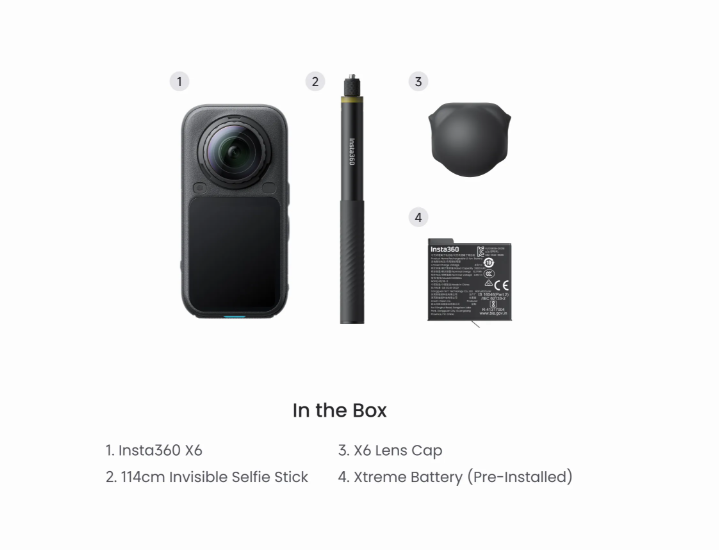 Câmera de Ação 360° Insta360 X6 – 8K, Sensor 1/1.1", 120MP, À Prova d'Água até 20m