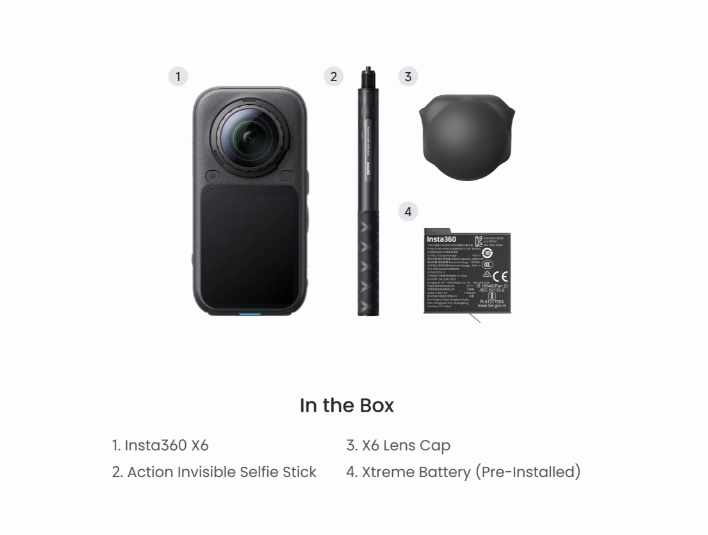 Câmera de Ação 360° Insta360 X6 – 8K, Sensor 1/1.1", 120MP, À Prova d'Água até 20m