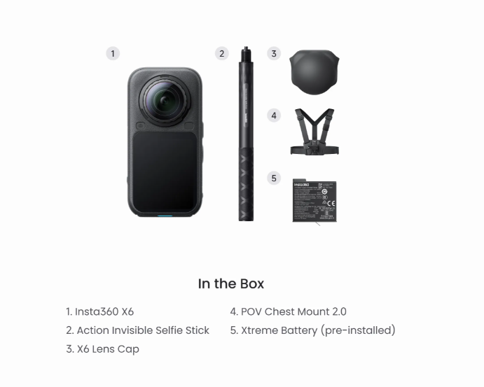 Câmera de Ação 360° Insta360 X6 – 8K, Sensor 1/1.1", 120MP, À Prova d'Água até 20m