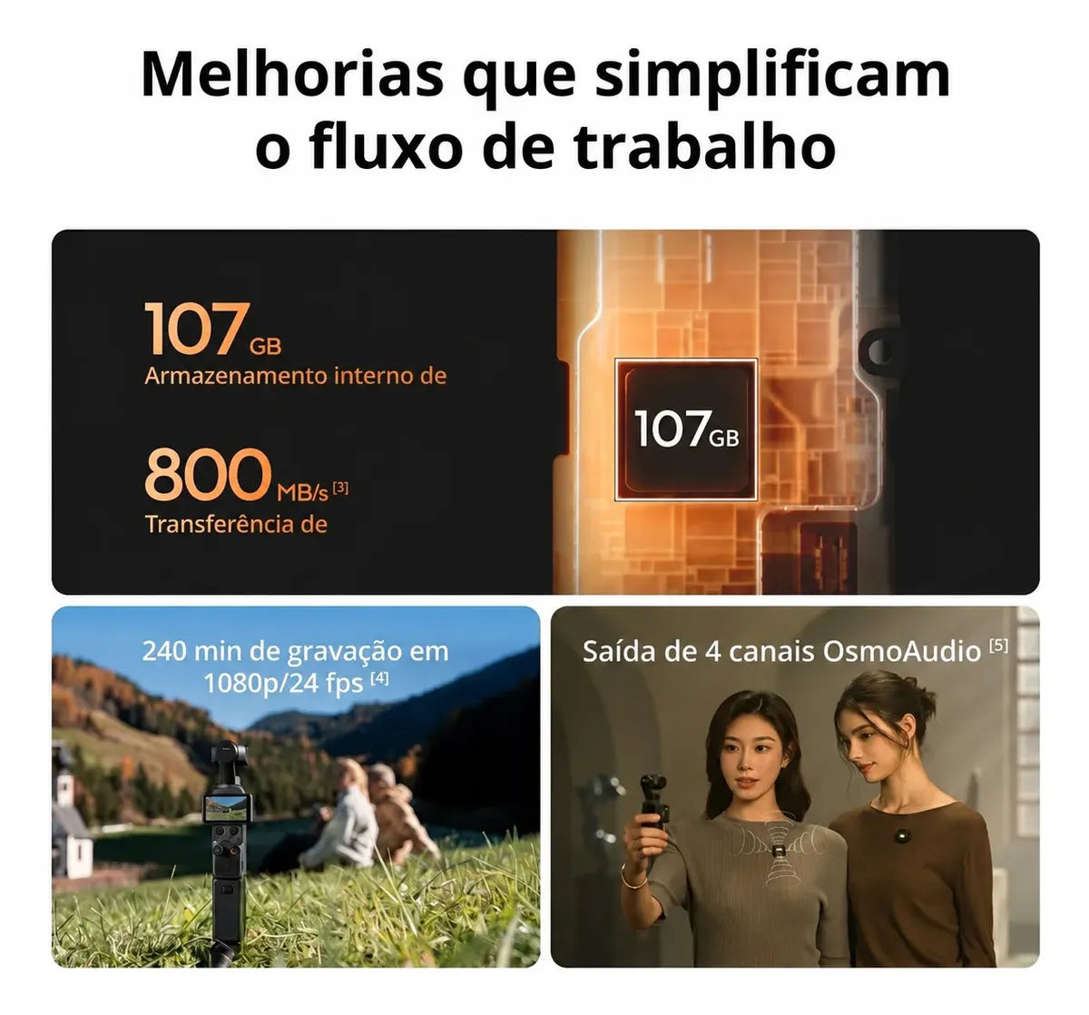 Câmera DJI Osmo Pocket 4 — Sensor CMOS 1", Vídeo 4K/240fps, Estabilização 3 Eixos, Tela Touch Giratória, 107GB Interno