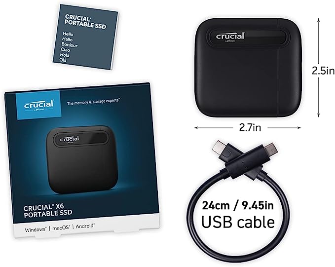 Crucial SSD portátil X6 de 1 TB – até 800 MB/s – PC e Mac – Unidade de estado sólido externa USB 3.2 USB-C – CT1000X6SSD9