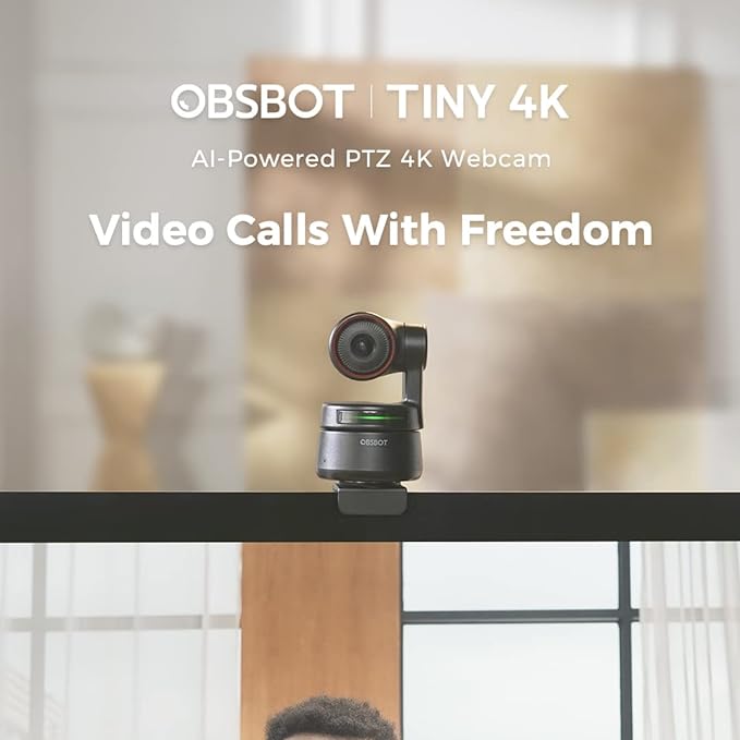 OBSBOT Tiny 4K PTZ 4K Webcam Ultra HD Auto-Frame Gesture Control HDR Webcam com Zoom 4X para Reunião Online/Aula On-line Video Chat Live Streaming Funciona com Zoom, Skype, TicTok, YouTube, etc