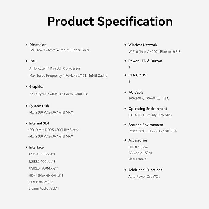 Beelink Mini PC EQR W11 Pro, AMD Ryzen 9 6900HX (8C/16T até 4,9 GHz), 32GB DDR5 500GB NVME SSD Graphics 12 core integrado PSU WiFi 6/BT5.2/Computador Mini PC com tela dupla