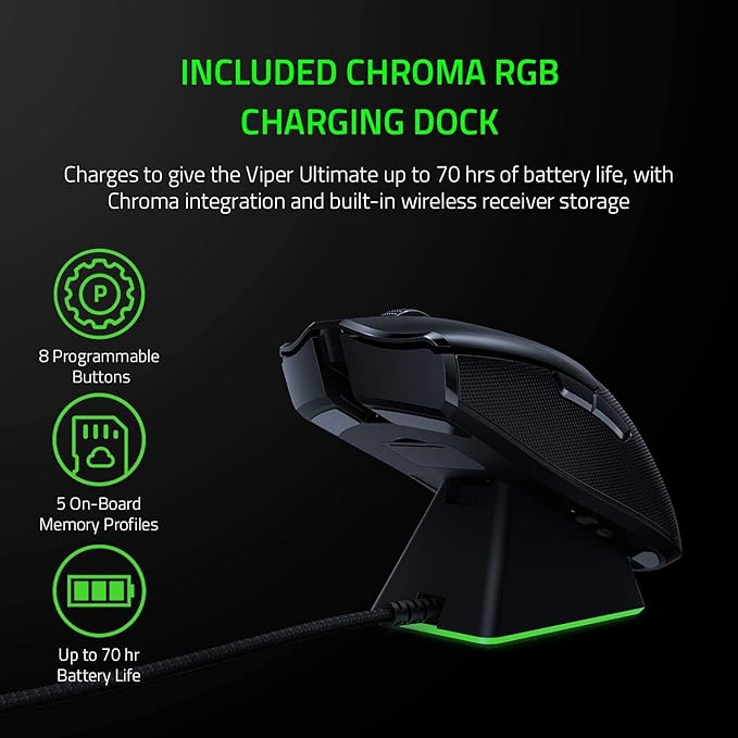 Razer Viper Ultimate com base de carregamento – Mouse ambidestro para jogos Esports alimentado por tecnologia sem fio HyperSpeed (Focus+ sensor óptico de 20K, leve 74 g, croma RGB) preto