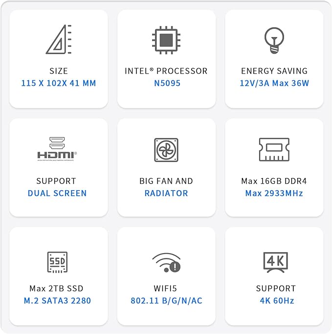 Beelink Mini PC W 11 Pro, Mini S computador desktop com processador de 4 núcleos de 11ª geração N5095, 8GB DDR4 RAM 256GB SSD Micro PC, HDMI duplo 4K @60Hz WiFi5/BT4.0/Gigabit Ethernet