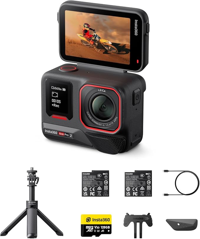 Insta360 Pacote Get-Set Ace Pro 2 – Câmera de ação à prova d'água 8K projetada com Leica, sensor de 1/3.3 cm, chip de IA duplo, luz baixa, áudio superior, tela flip e edição de IA para vlogs