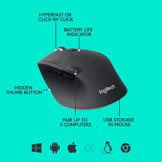 Mouse sem fio Logitech M720 Triathlon com Conexão USB Unifying ou Bluetooth com Easy-Switch para até 3 Dispositivos, 1000 DPI, 6 Botões Programáveis e Pilha Inclusa