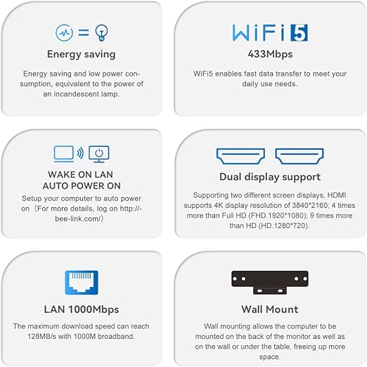 Beelink Mini S12, com Intel 12ª Geração 4 - Computadores Mini PC - Cores 3.4Ghz N95, 8GB DDR4 RAM 256GB SSD, Dual HDMI 4K 60Hz/Gigabit Ethernet/WiFi 5/BT, suporta HDD de 2,5 polegadas