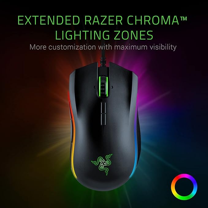 Razer Mamba Mouse para jogos Elite com sensor óptico de 16.000 DPI 5G, 9 botões programáveis, fator de forma ergonômica, alimentado por Razer Chroma, Preto, One Size, RZ01-02560100-R3M1