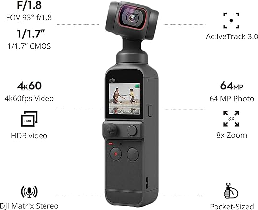 DJI Pocket 2 - estabilizador gimbal de 3 eixos portátil com câmera 4K, CMOS de 1/1,7", foto de 64 MP, tamanho de bolso, ActiveTrack 3.0, Efeitos Glamour, para Android e iPhone, preto