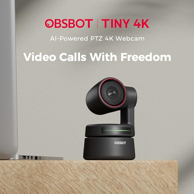 OBSBOT Tiny 4K PTZ 4K Webcam Ultra HD Auto-Frame Gesture Control HDR Webcam com Zoom 4X para Reunião Online/Aula On-line Video Chat Live Streaming Funciona com Zoom, Skype, TicTok, YouTube, etc