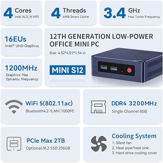 Beelink Mini S12, com Intel 12ª Geração 4 - Computadores Mini PC - Cores 3.4Ghz N95, 8GB DDR4 RAM 256GB SSD, Dual HDMI 4K 60Hz/Gigabit Ethernet/WiFi 5/BT, suporta HDD de 2,5 polegadas