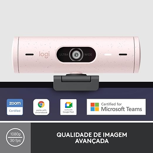 Webcam Full HD Logitech Brio 500 com Microfones Duplos com Redução de Ruídos, Proteção de Privacidade, Correção de Luz e Enquadramento Automático - Rosa