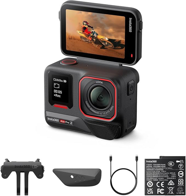 Insta360 Pacote de bateria dupla padrão Ace Pro 2 – Câmera de ação à prova d'água 8K projetada com Leica, sensor de 1/3.3 cm, chip de IA duplo, baixa luz, áudio superior, tela flip e edição de IA