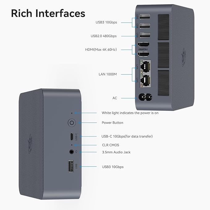 Beelink Mini PC EQI12, Intel Core i7-12650H (10C/16T, até 4,7GHz), Mini computador com 24GB LPDDR5 RAM 1TB M.2 2280 PCle 4.0x4 SSD, PSU/4K Dual Screen Display/WiFi6/BT5.2/Dual Gigabit LAN