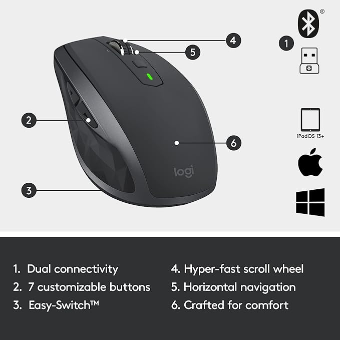 Logitech Mouse sem fio MX Anywhere 2S para uso em qualquer superfície, rolagem hiperrápida, recarregável, controla até 3 computadores e laptops Apple Mac e Windows (Bluetooth ou USB), grafite