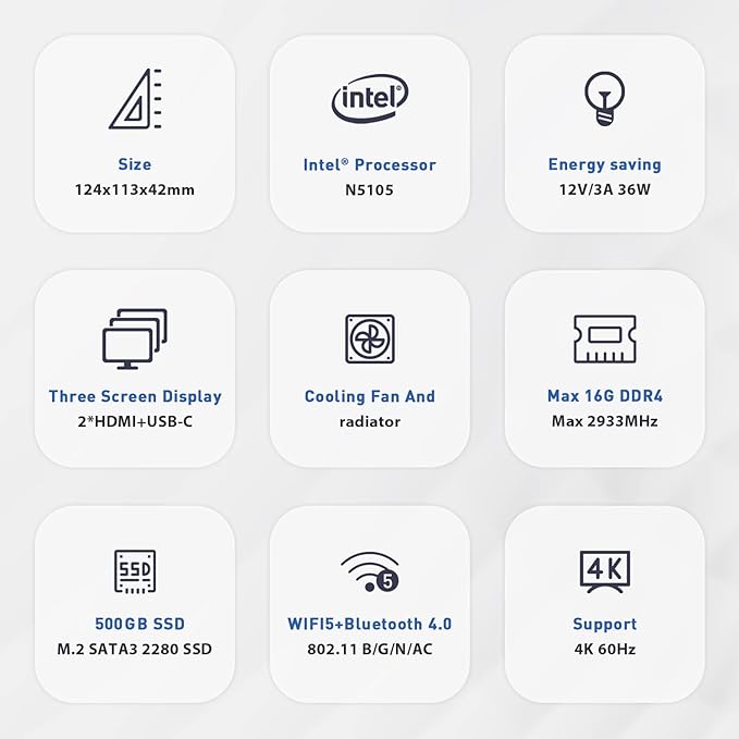 Beelink Processador N5105 (até 2,9 GHz), Mini PC U59 Pro, Windows 11 Mini computador desktop, 16 GB DDR4 + 500 GB SSD, suporta 4K Dual HDMI/Type-C, Dual WiFi, BT4.0 computadores pequenos