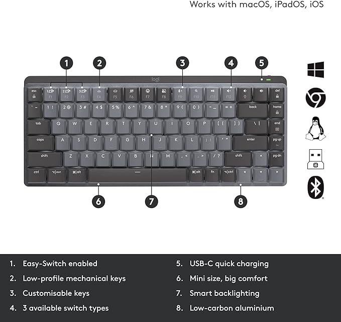 Teclado Mecânico sem fio Logitech MX Mechanical Mini com Teclas Retroiluminadas Tactile Quiet, Conexão USB ou Bluetooth Easy-Switch para até 3 dispositivos e Bateria Recarregável