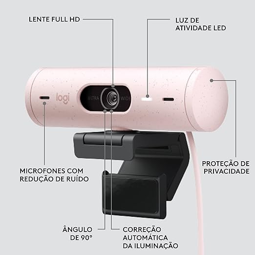 Webcam Full HD Logitech Brio 500 com Microfones Duplos com Redução de Ruídos, Proteção de Privacidade, Correção de Luz e Enquadramento Automático - Rosa