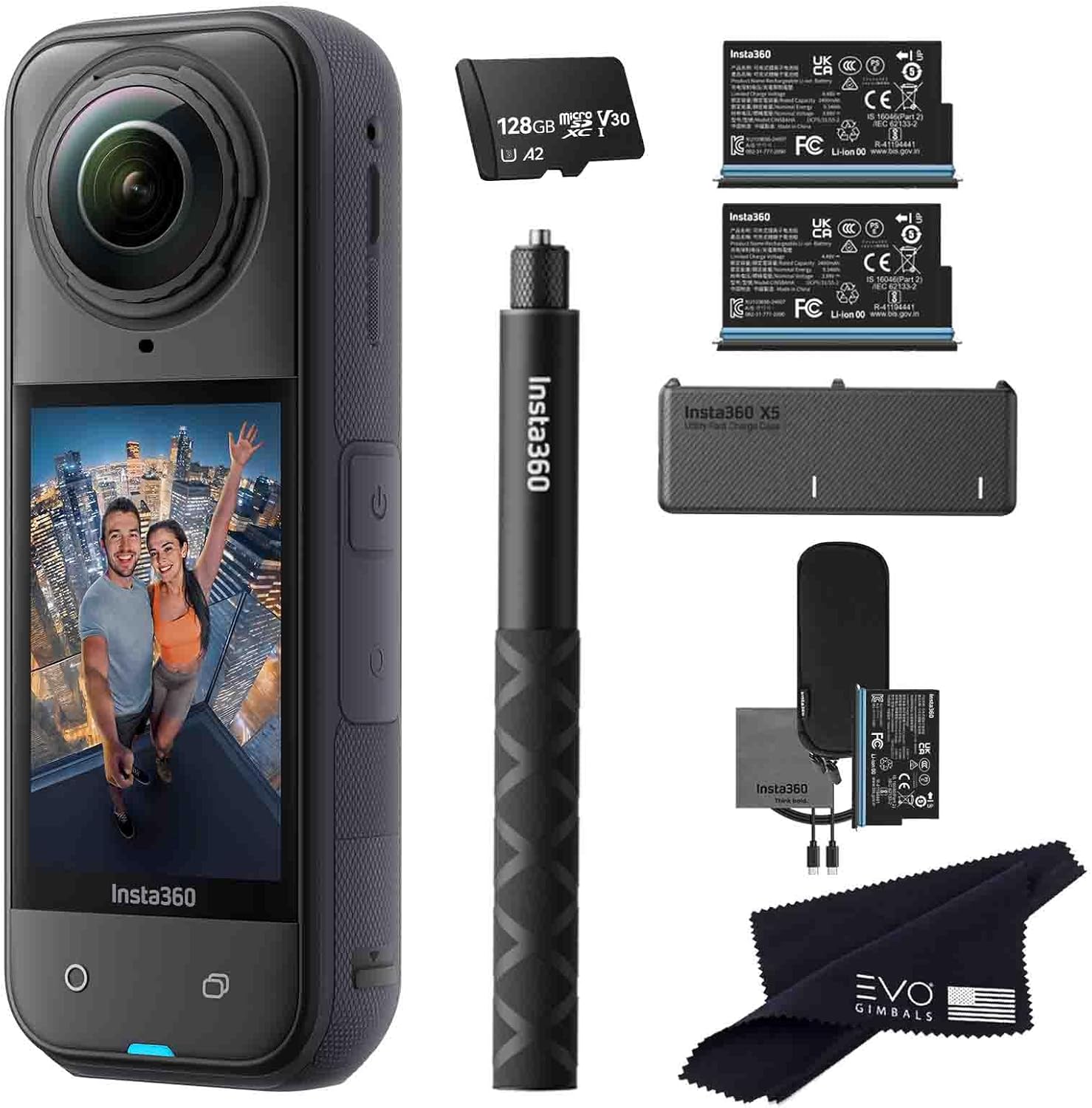 Insta360 Pacote de bateria X5 - Câmera de ação 8K 360 à prova d'água com sensores de 1/3.3 cm, vídeo 8K 360 HDR, foto de 72 MP | O pacote inclui 2 baterias extras, carregador rápido, bastão de selfie