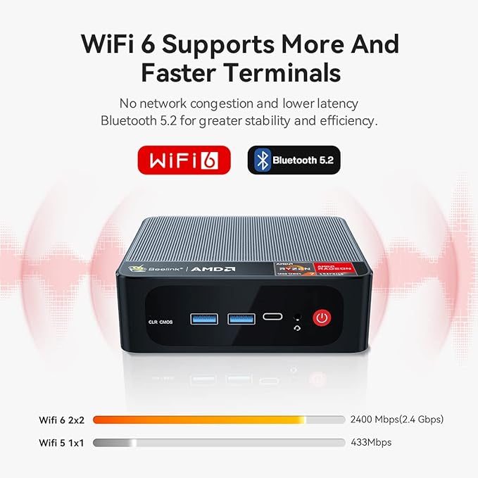Beelink Mini PC SER5, processador AMD Ryzen 7 5800H, mini computador com 16G DDR4 RAM/500 GB M.2 NVMe 2280 SSD, 4K FPS/tela de três telas/WiFi 6/BT5.2/suporte para ligar automaticamente