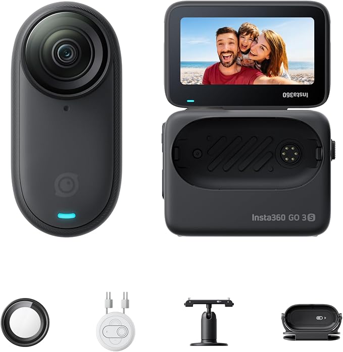 Insta360 GO 3S - Câmera de vlogging portátil minúscula 4K preta de 128 GB, POV mãos-livres, montagem em qualquer lugar, estabilização, vida útil da bateria de 140 minutos, 10 m à prova d'água, ponto