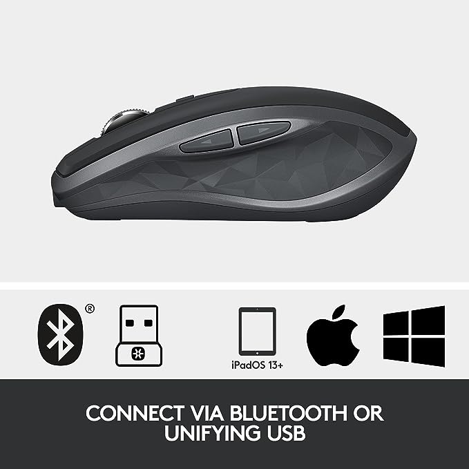 Logitech Mouse sem fio MX Anywhere 2S para uso em qualquer superfície, rolagem hiperrápida, recarregável, controla até 3 computadores e laptops Apple Mac e Windows (Bluetooth ou USB), grafite