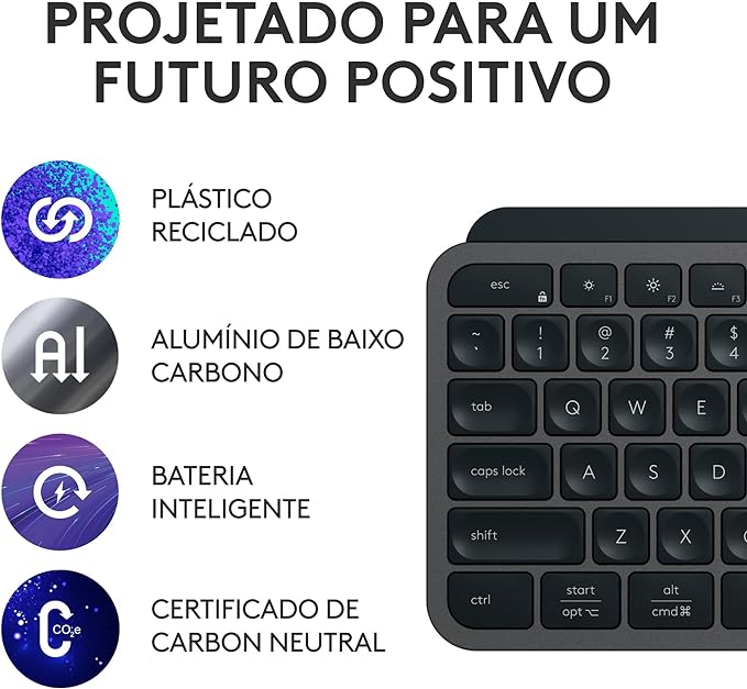 Teclado sem fio Logitech MX Keys S com Clique Silencioso, Teclas Programáveis, Iluminação Inteligente, Conexão Bluetooth ou Receptor USB Logi Bolt e Bateria Recarregável - Grafite