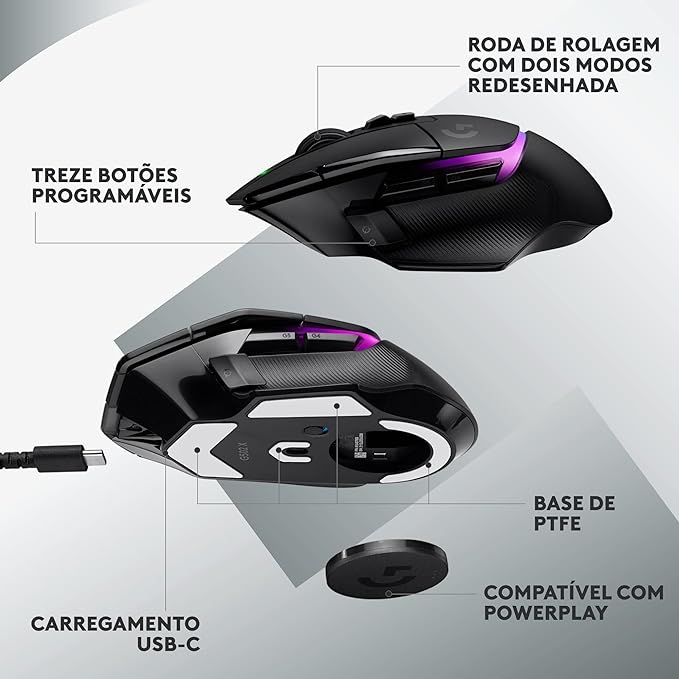 Mouse Logitech G502 X PLUS LIGHTSPEED - Sem Fio com RGB LIGHTSYNC, Switches LIGHTFORCE, Sensor HERO 25K, 13 Botões Programáveis, Compatível com PC/ macOS/ Windows - Preto