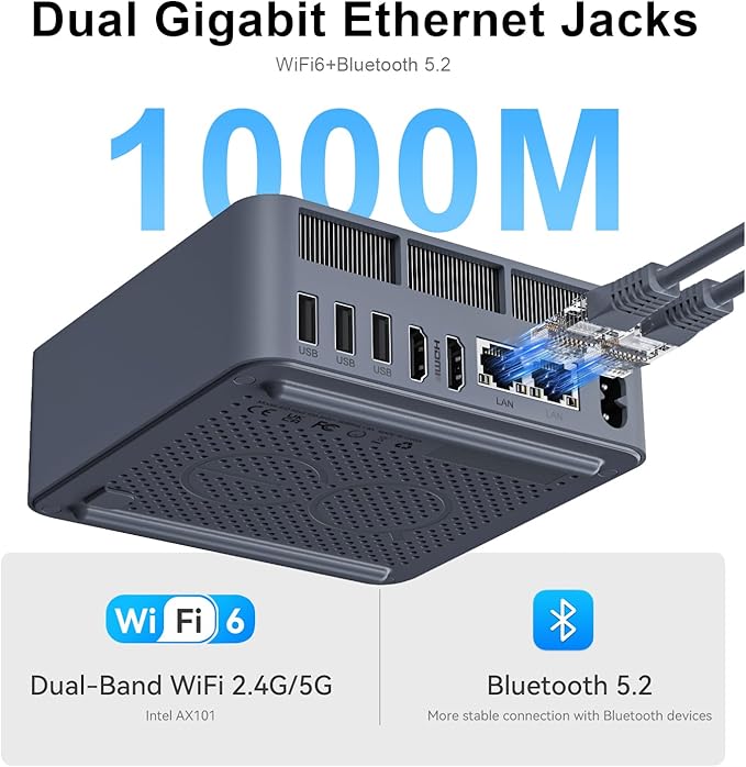 Beelink Mini PC EQI12, Intel Core i7-12650H (10C/16T, até 4,7GHz), Mini computador com 24GB LPDDR5 RAM 1TB M.2 2280 PCle 4.0x4 SSD, PSU/4K Dual Screen Display/WiFi6/BT5.2/Dual Gigabit LAN