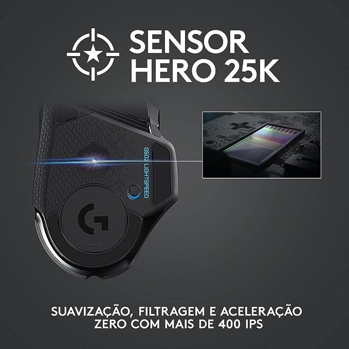 Mouse Gamer Sem Fio Logitech G502 LIGHTSPEED com Tecnologia RGB LIGHTSYNC, Ajustes de Peso, 11 Botóes Programáveis, Sensor HERO 25K e Bateria Recarregável - Compatível com POWERPLAY