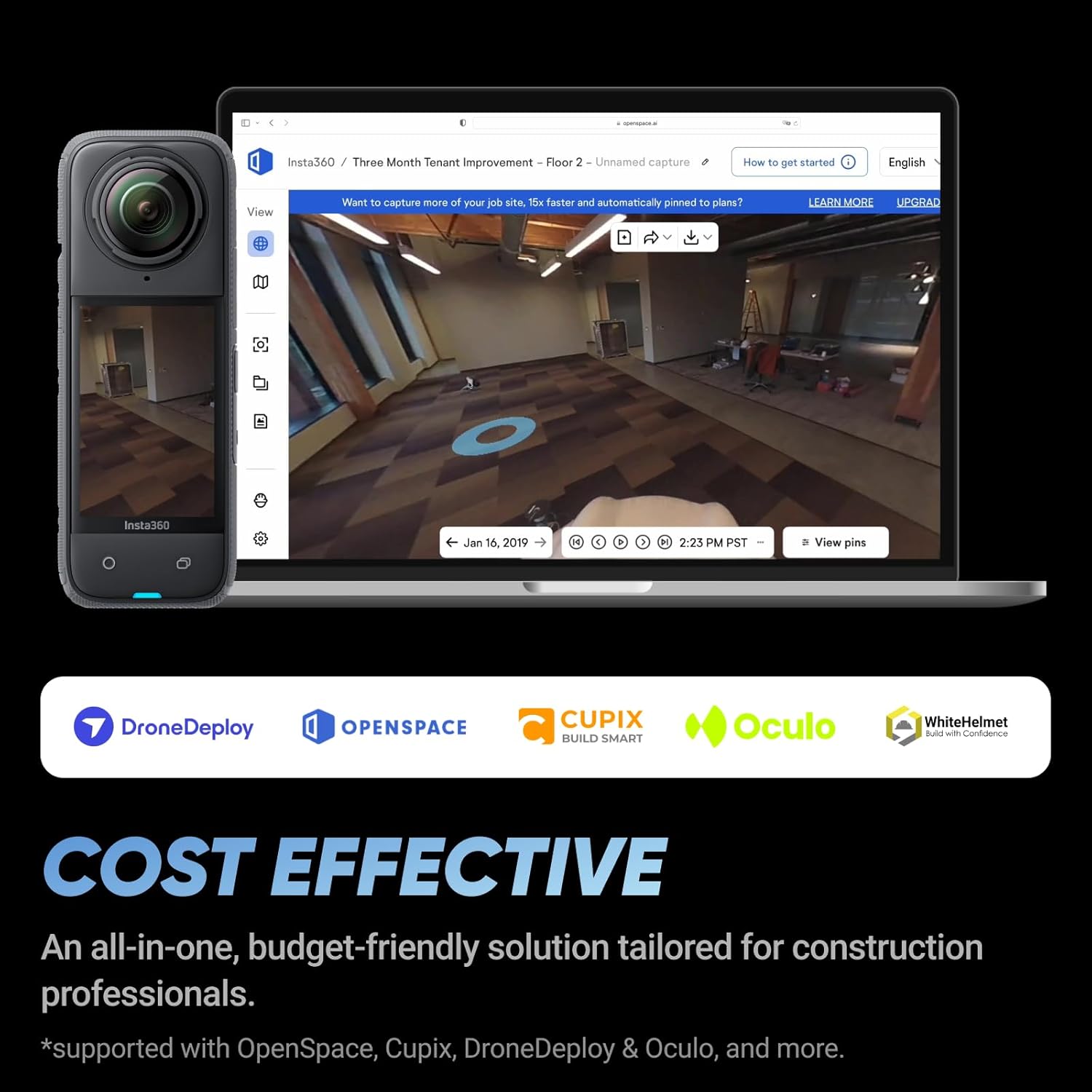 Insta360 Pacote de construção X4 – Câmera de construção de 360°, vídeo HDR 8K30fps 360, foto de 72MP, Timelapses de 11K, suporta DroneDeploy, OpenSpace, Cupix, Oculo, WhiteHelmet, Reconstruct & More