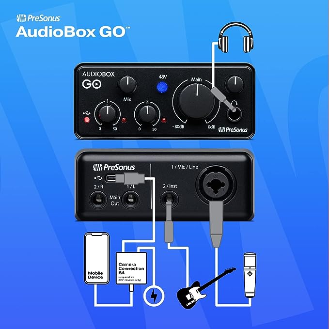 PreSonus AudioBox GO | Interface de áudio USB-C para produção musical com o software de gravação Studio One DAW, tutoriais de música, amostras de som e instrumentos virtuais