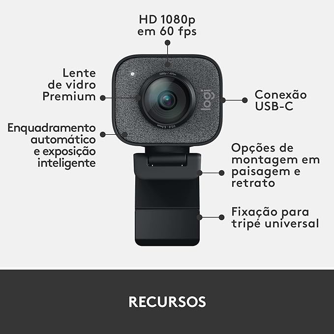 Webcam Full HD Logitech StreamCam Plus para Streaming e Criação de Conteúdo com Microfone Embutido, Conexão USB-C e Tripé Incluso - Compatível com Logitech Capture