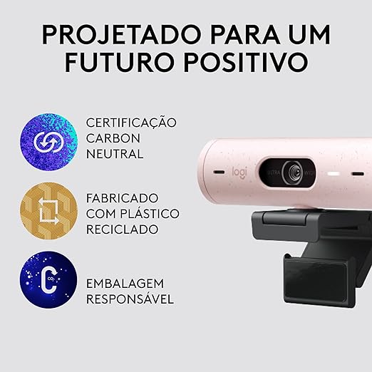 Webcam Full HD Logitech Brio 500 com Microfones Duplos com Redução de Ruídos, Proteção de Privacidade, Correção de Luz e Enquadramento Automático - Rosa