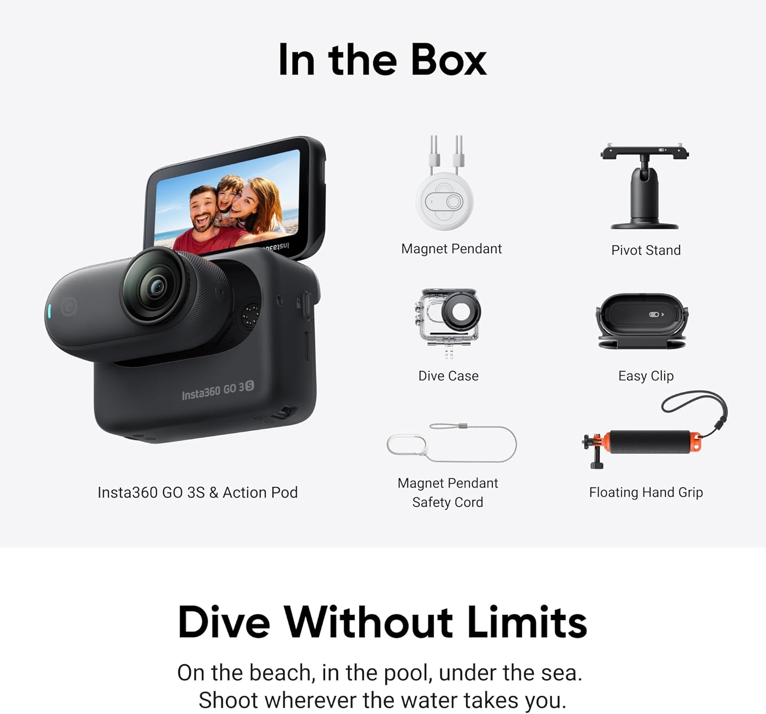 Insta360 GO 3S - Pacote de Água - Câmera de Ação 4K Preta com Estabilização, Montagem em Qualquer Lugar, Resistente à Água, 128 GB, 140 Minutos de Bateria