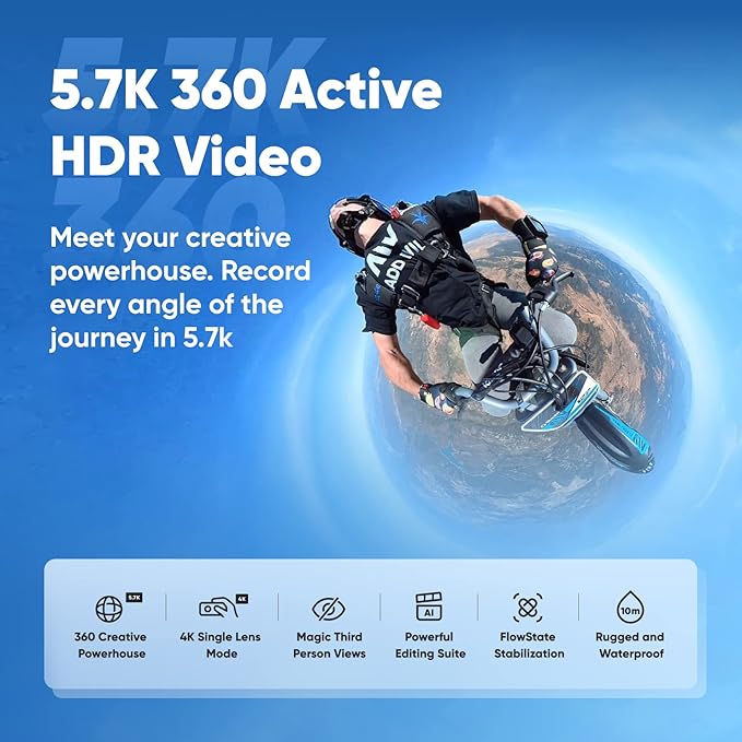 Insta360 Kit de motocicleta X3 (nova versão) - Câmera de ação 360 à prova d'água com sensores de 1/2 polegada 48MP, vídeo HDR ativo 5,7K 360, foto de 72 MP 360, lente única 4K, modo Me de 60 fps,