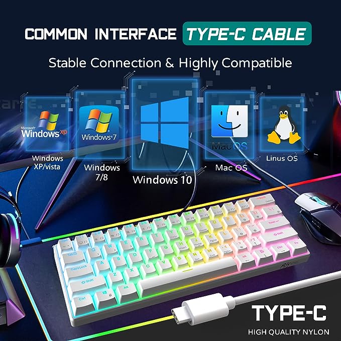 RK ROYAL KLUDGE Teclado mecânico para jogos RK61 com fio 60% RGB retroiluminado ultra-compacto interruptor vermelho branco