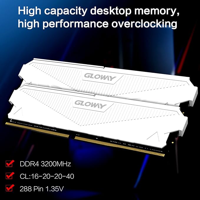 Gloway Kit de memória de alumínio para Desktop Compter DDR4 Ram 16GB (2 x 8GB) 3200MHz (PC4-25600) CL16 1,35V 288-Pin DDR4 UDIMM - Branco