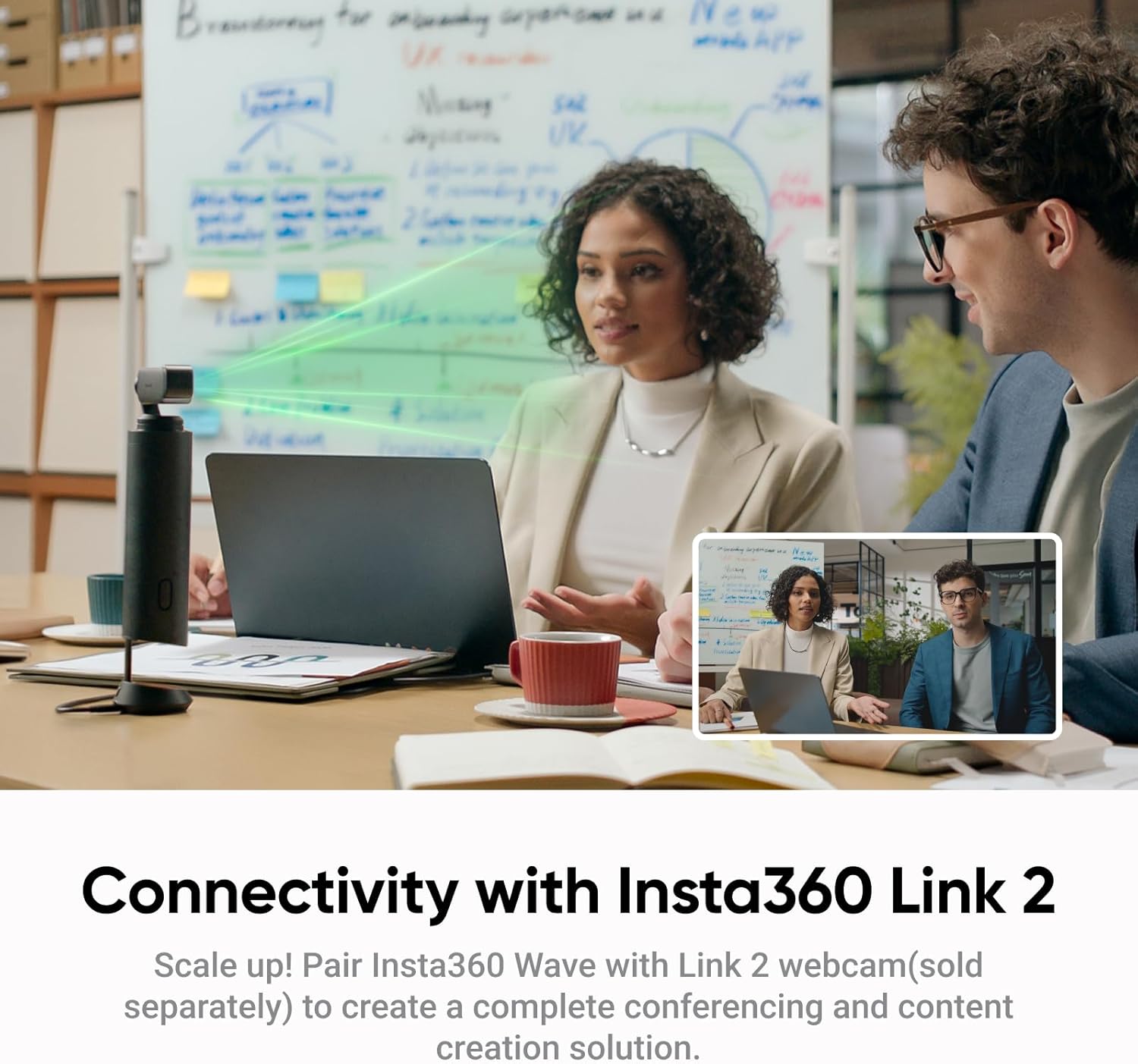 Insta360 Wave - Viva-voz com IA, Bluetooth, Gravador de Voz, 8 Microfones com Cancelamento de Ruído e Beamforming, Transcrição e Resumo por IA, Suporte a 99 Idiomas, Armazenamento de 32GB, Ideal para Reuniões, Podcasts e Transmissões ao Vivo