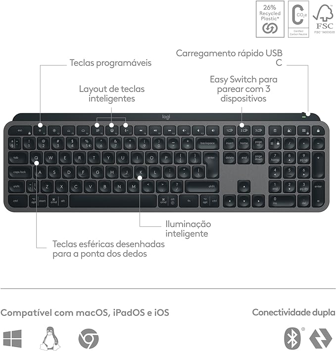 Teclado sem fio Logitech MX Keys S com Clique Silencioso, Teclas Programáveis, Iluminação Inteligente, Conexão Bluetooth ou Receptor USB Logi Bolt e Bateria Recarregável - Grafite