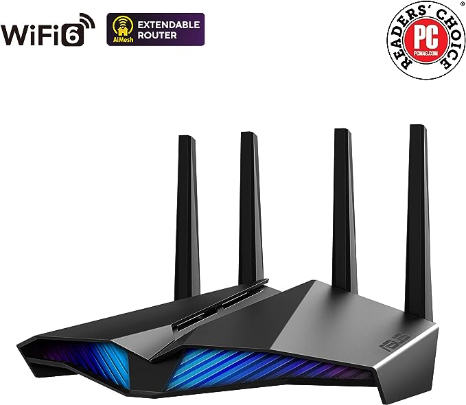 ASUS Roteador AX5400 WiFi 6 para jogos (RT-AX82U) – Roteador de Internet sem fio Gigabit de banda dupla, AURA RGB, jogos e transmissão, compatível com AiMesh, segurança vitalícia da Internet incluída